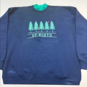 Vintage Up North Sweatshirt Mens XL Navy Blue Embroidered Trees Cabincore